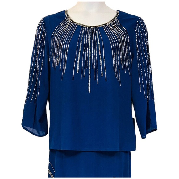 Midnight Velvet Beaded Cobalt Cocktail Formal Dinner Party Midi Skirt Set Suit - Picture 8 of 16